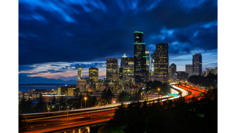 Long exposure of Seattle skyline from Jose Rizal Bridge, Washington State