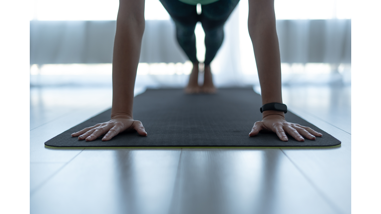 Young sporty woman standing in plank pose on fitness mat