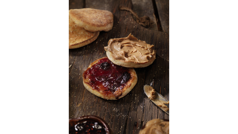 Toasted English Muffin with Peanut Butter and Jam