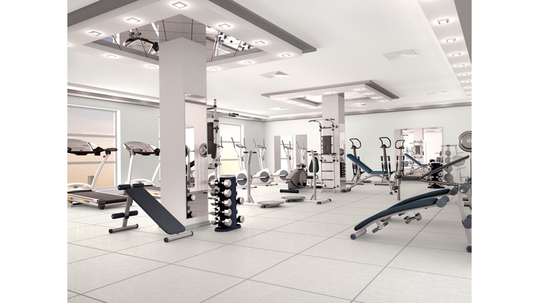 interior of new modern gym with equipment. 3d illustration