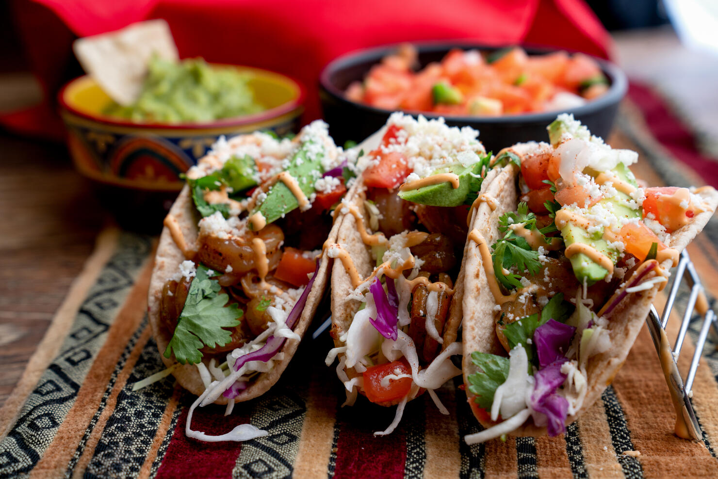 Colorful Street Tacos, Shrimp - Seafood, Fish, Grilled, Ready-To-Eat