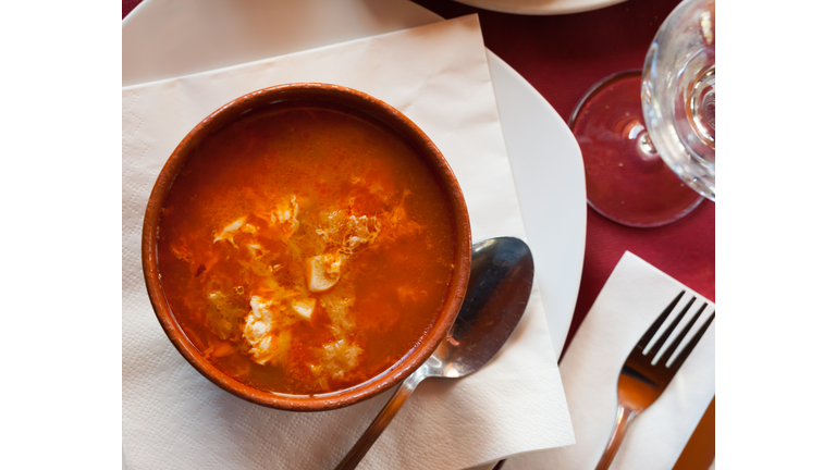 Top view of Castilian garlic soup