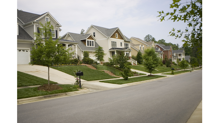 A row of houses in a suburban American neighborhood