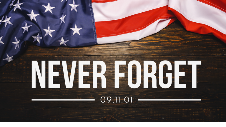 Patriot Day September 11 9/11 USA banner - United States flag or merican flag, 911 memorial and Never Forget lettering background or backdrop