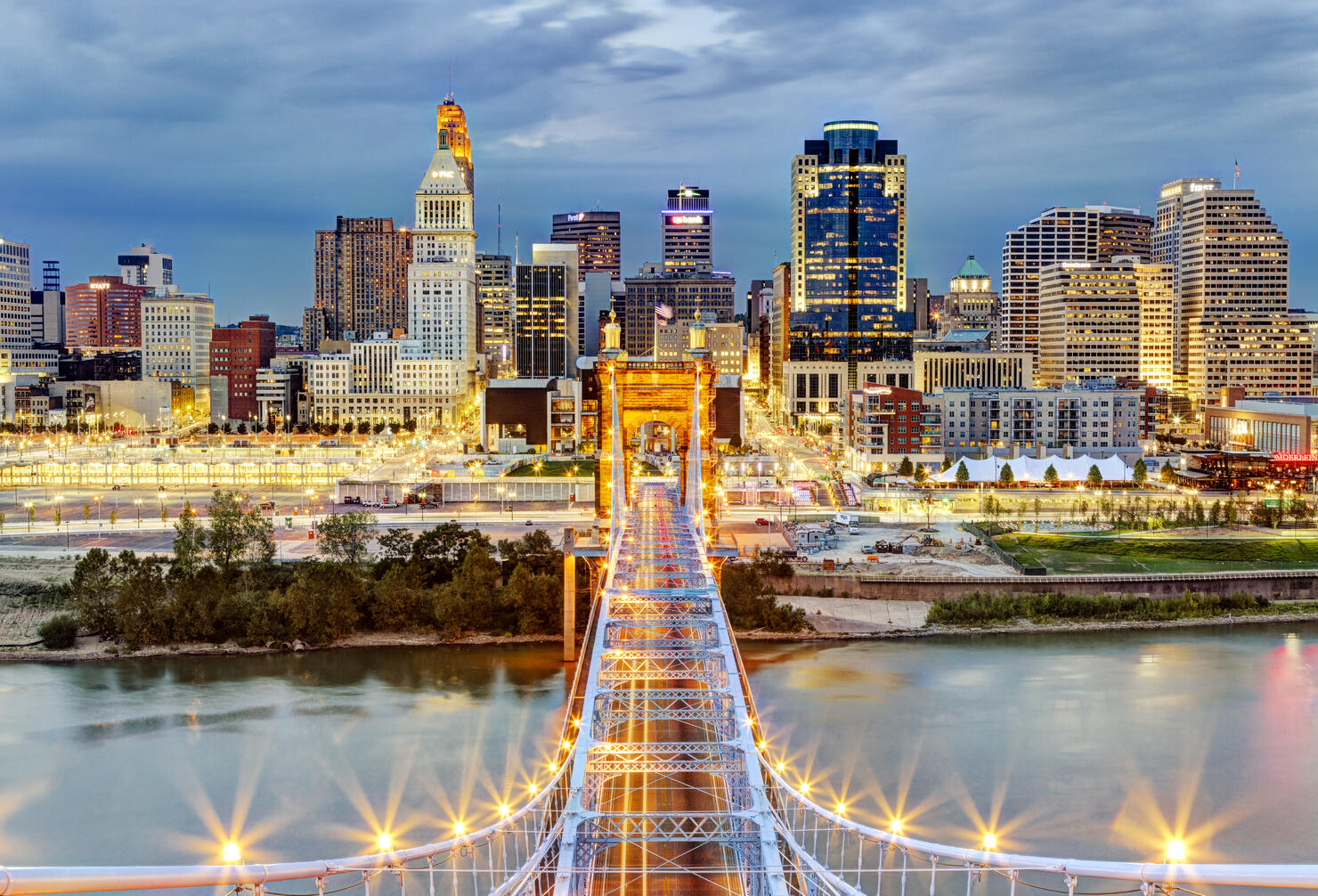 Cincinnati skyline from atop Roebling Bridge