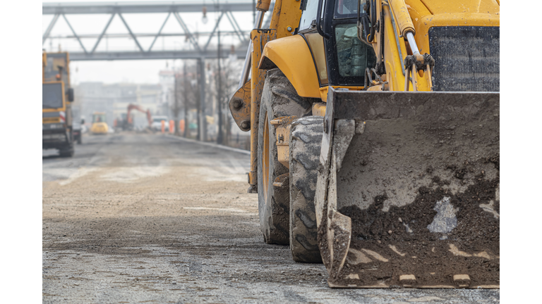 Detail of excavator on an urban construction site