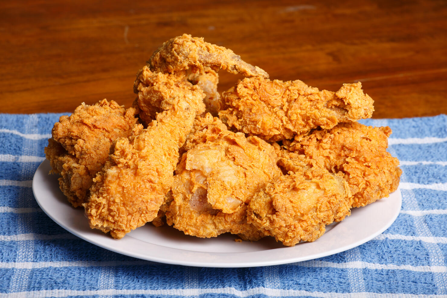 Plate of Fried Chicken on Blue Plaid Towel