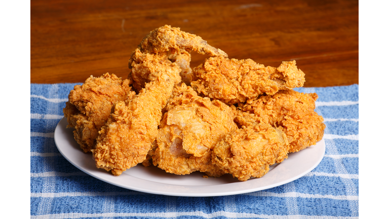 Plate of Fried Chicken on Blue Plaid Towel