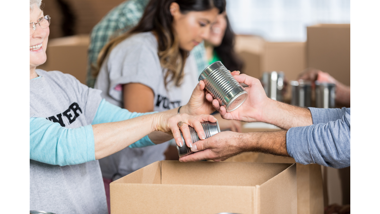 Happy senior female volunteer accepts donation during food drive