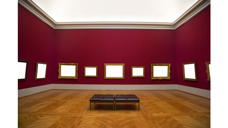 Blank frames hanging on art gallery wall.