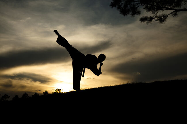 Woman in silhouette practicing martial arts, karate. Sunset. Outdoors. Sky.