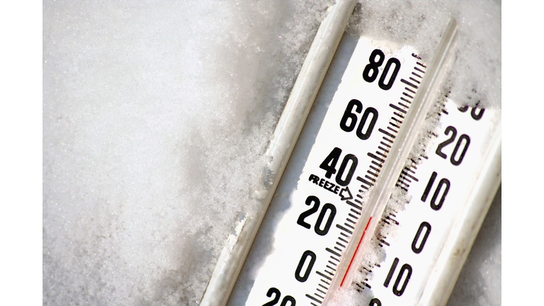 Close-up of frozen thermometer at 30 degrees Fahrenheit