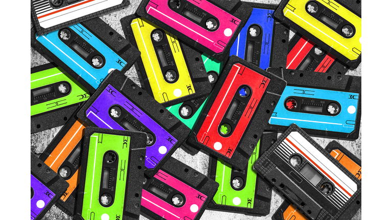Old audio cassette. Multicolored audio tapes. Close-up view.