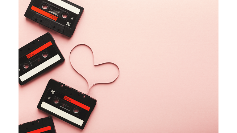 Vintage cassette with magnetic tape in shape of heart