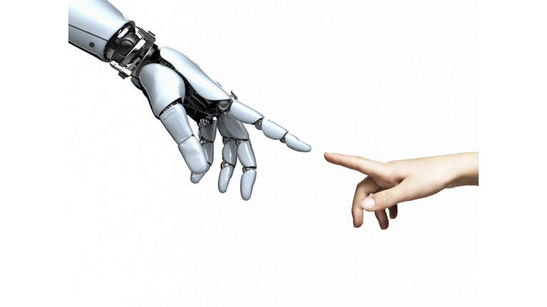 robot hand and child's hand pointing fingertips
