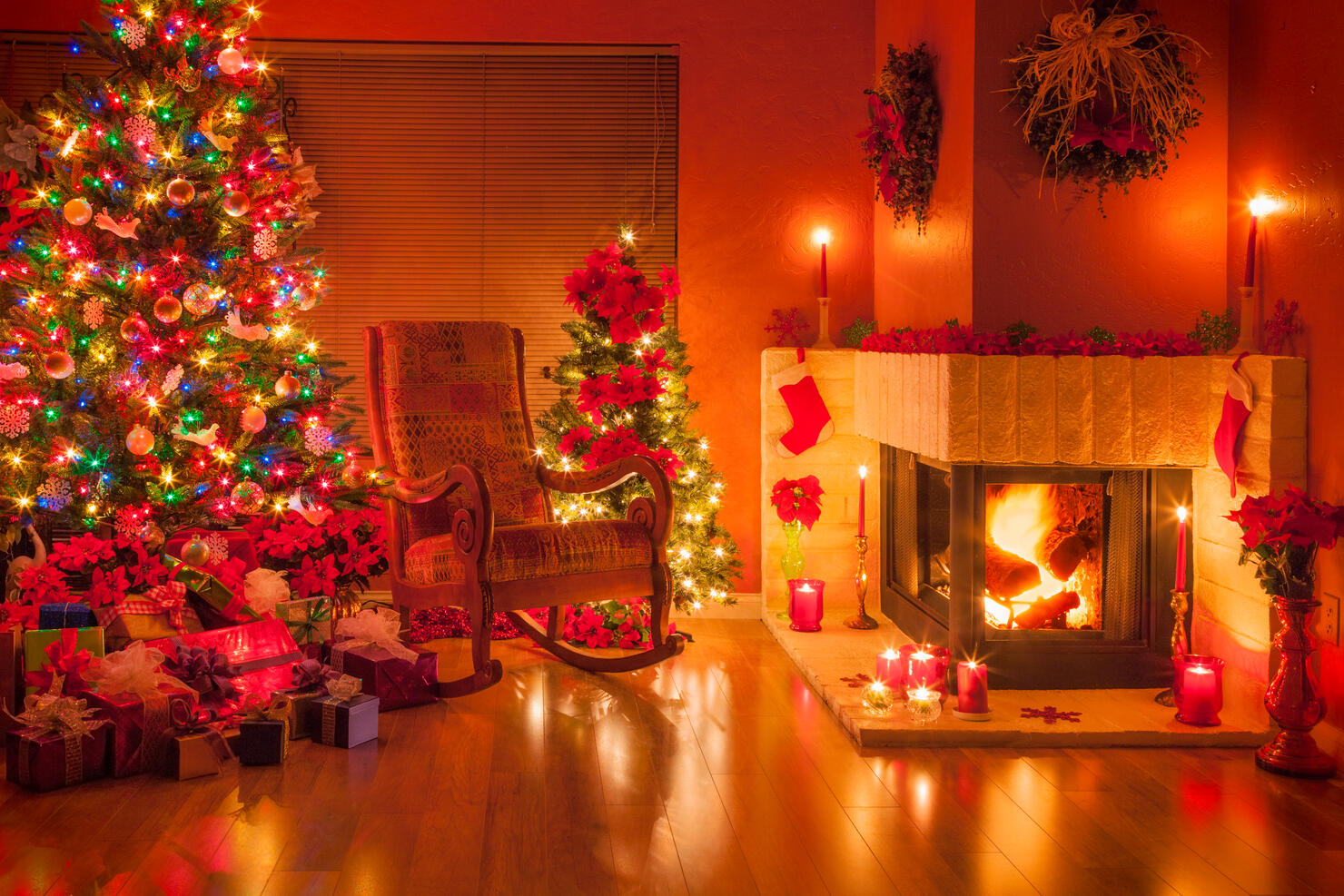 Christmas, Christmas tree, fireplace; holiday; ornaments;