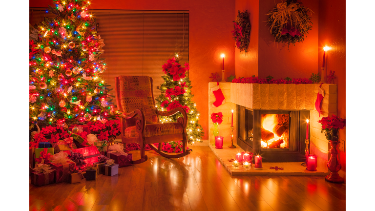 Christmas, Christmas tree, fireplace; holiday; ornaments;