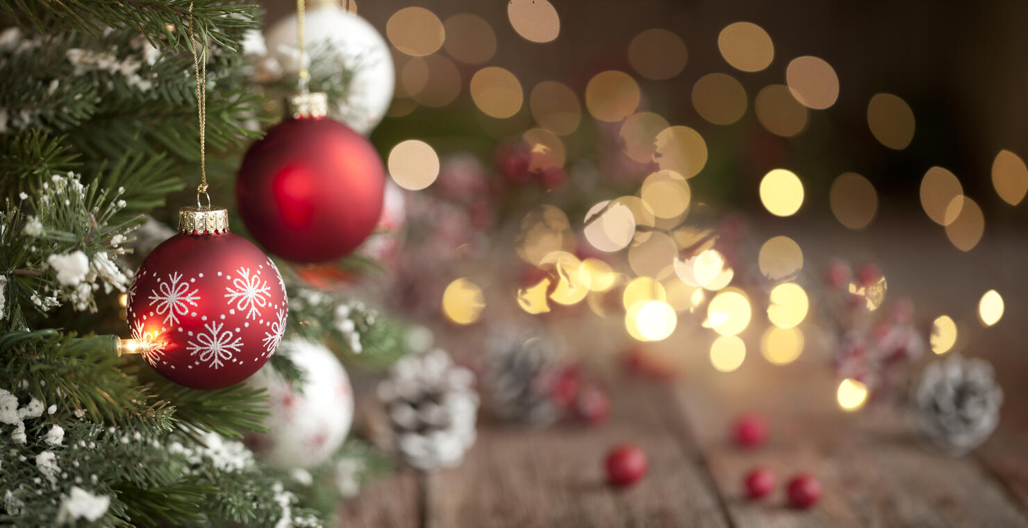 Christmas Tree, Ornaments and Defocused Lights Background