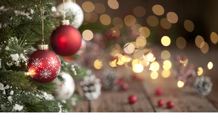 Christmas Tree, Ornaments and Defocused Lights Background