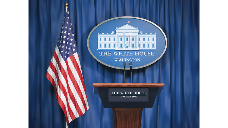 Politics of White House and President of USA United states concept.  Podium speaker tribune with USA flags and sign of White House