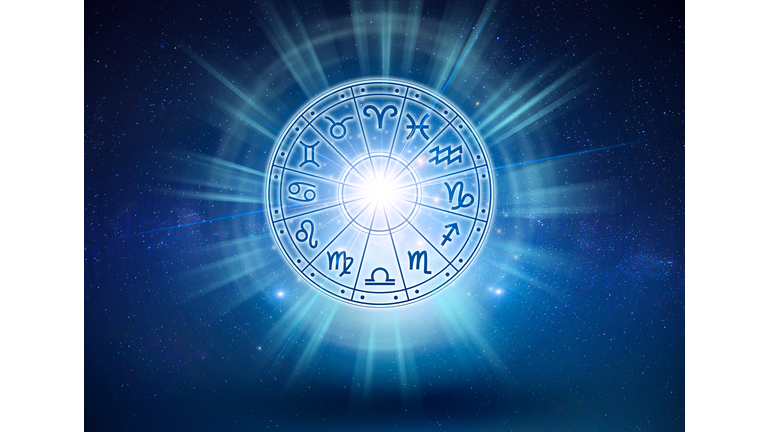 Zodiac signs inside of horoscope circle. Astrology in the sky with many stars and moons  astrology and horoscopes concept