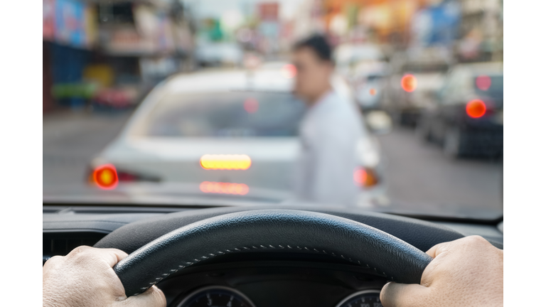 car emergency brake saved a life pedestrian runs across street.