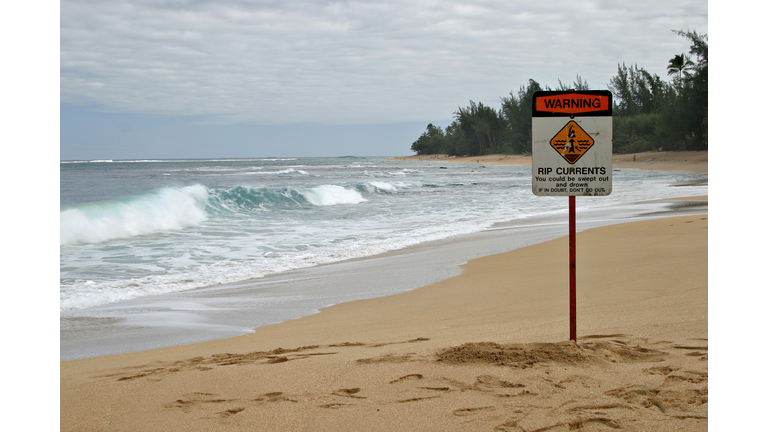 Warning: Rip Currents Sign On Tropical Beach near Kauai, Hawaii