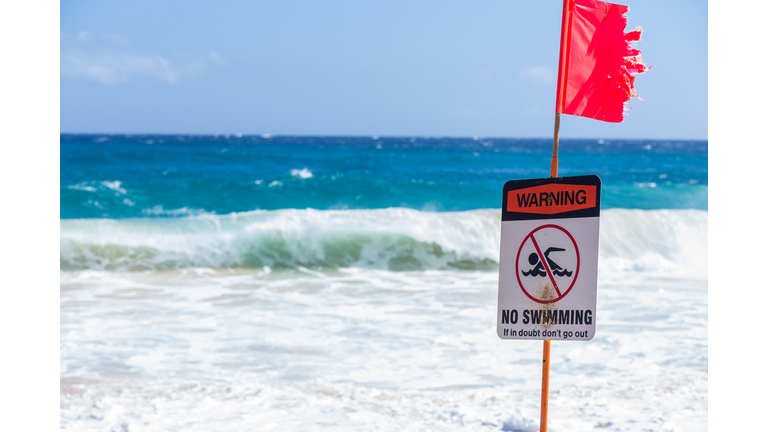 Warning no swimming sign, Sandy beach, Oahu, Hawaii