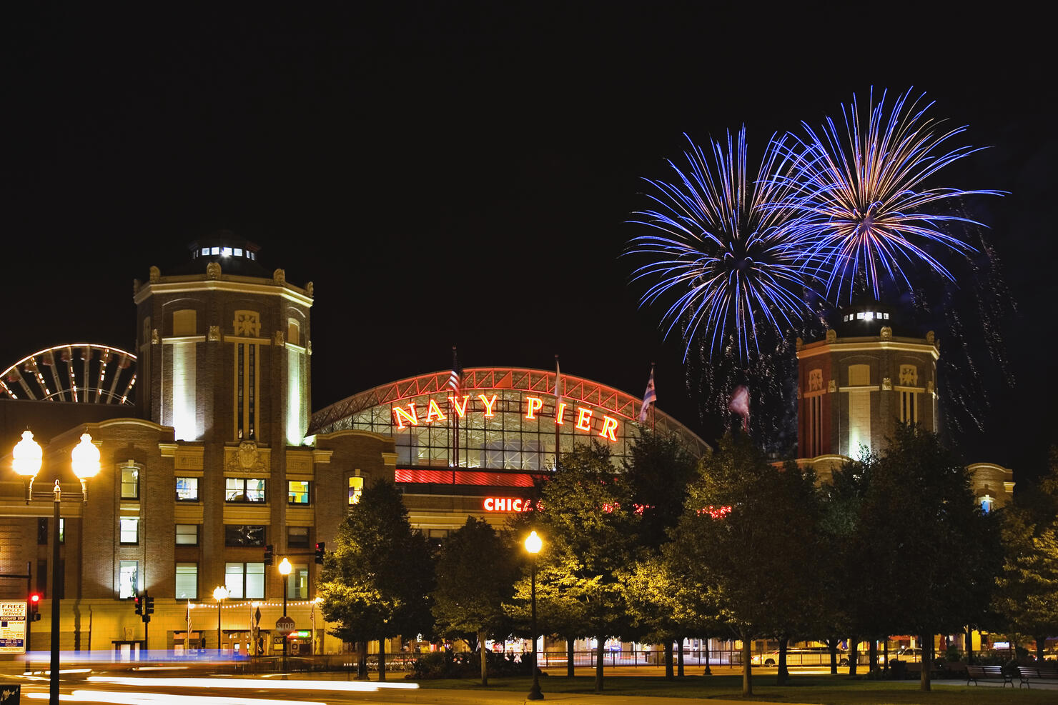 USA, Illinois, Chicago, Navy Pier, fireworks in sky, night