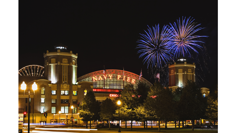 USA, Illinois, Chicago, Navy Pier, fireworks in sky, night
