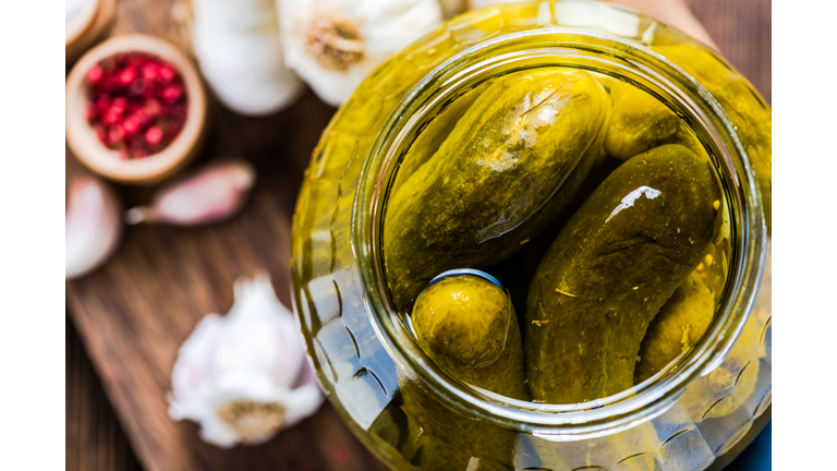 Pickled gherkins in jar, fermented food