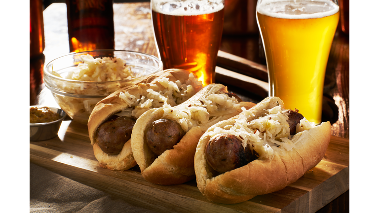 german bratwursts and sauerkraut with beer