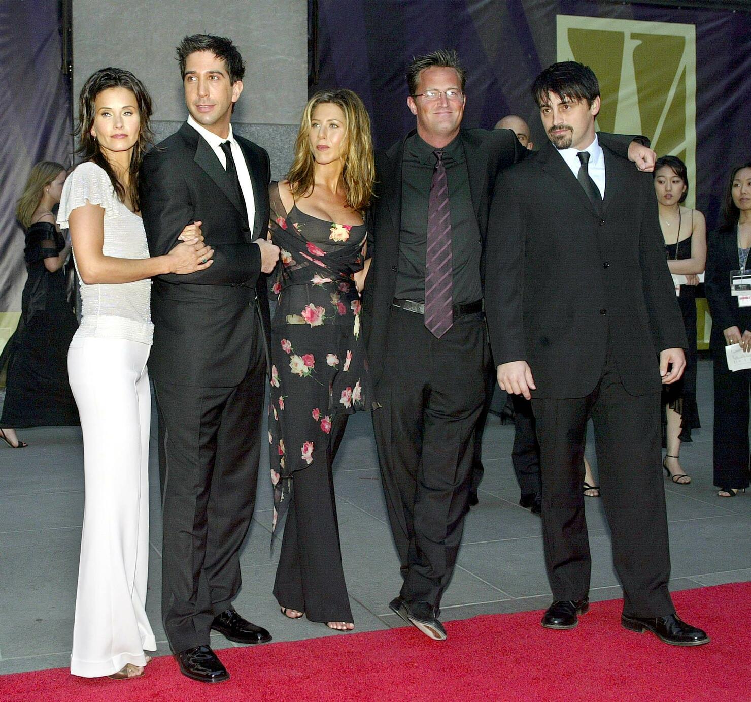 Five of the six cast members of the show "Friends"