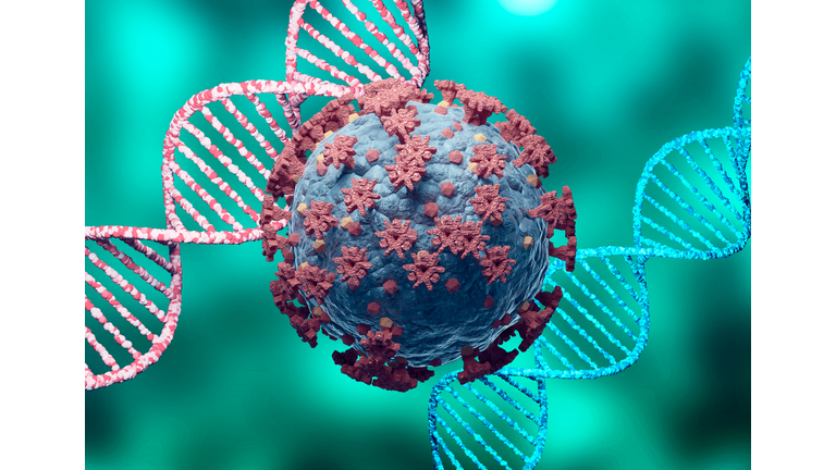 Coronavirus and DNA, virus mutation. New variant and strain of SARS CoV 2. Microscopic view.