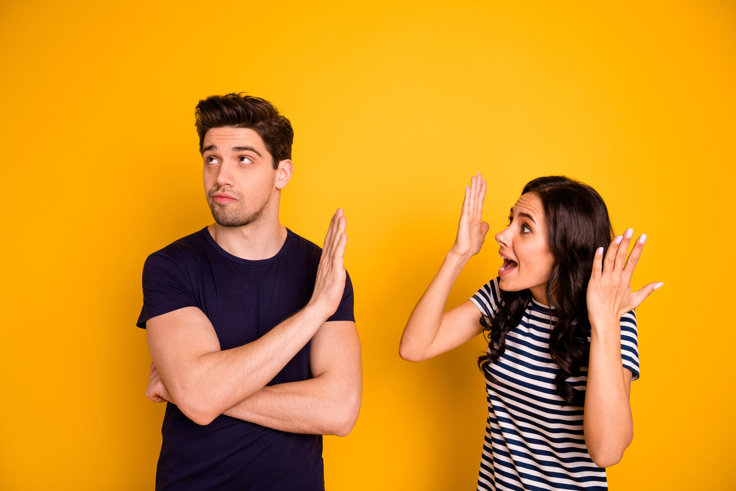 Portrait of nice attractive irritated annoyed sullen gloomy grumpy dissatisfied people expressing negative emotion anger pretense argument fail failure isolated on bright vivid shine yellow background