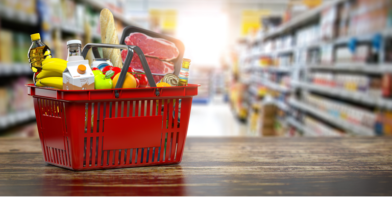 Shopping basket with fresh food. Grocery supermarket, food and eats online buying and delivery concept.
