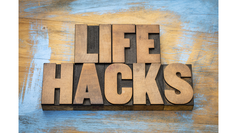 life hacks word abstract in wood type