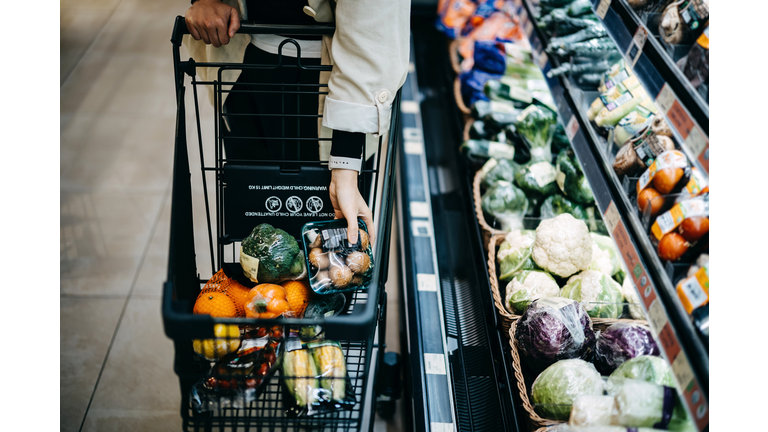 Close up of woman's hand shopping for fresh groceries in supermarket and putting a variety of organic vegetables in shopping cart