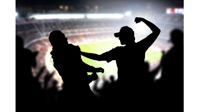 Fight in a football game crowd. Angry man hitting another spectator in soccer match audience. Violent argument between two fans of different teams and clubs.
