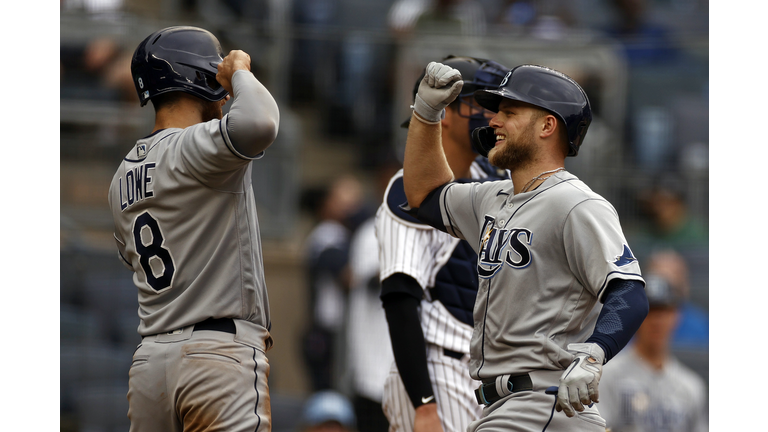 Austin Meadows celebrates his fourth inning homer off Gerrit Cole that gave the Rays a 2-1 lead