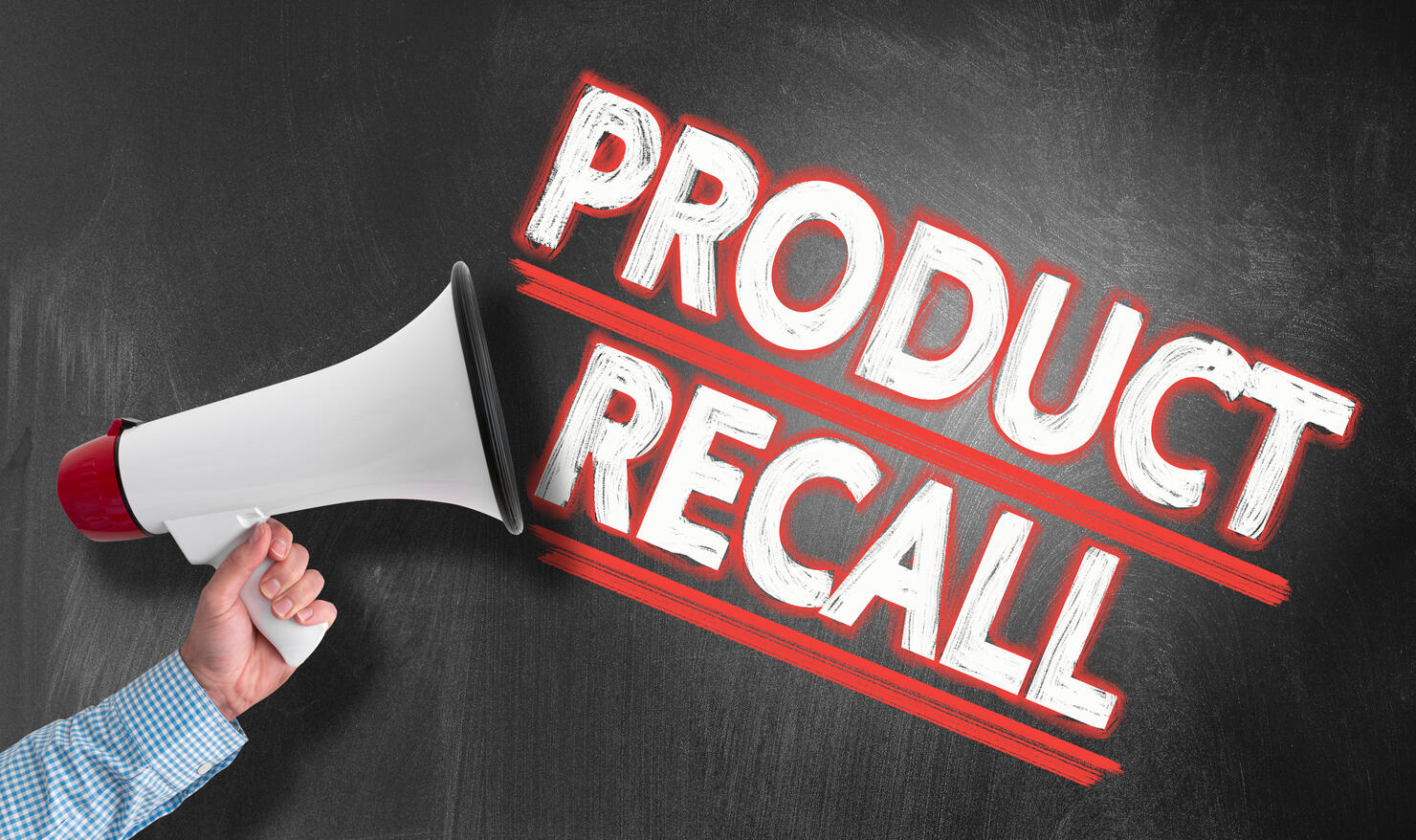 hand holding megaphone against blackboard with text PRODUCT RECALL