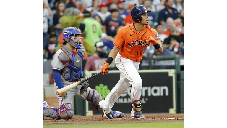 Astros Outfielder Michael Brantley Watches The Ball After Hitting In A Game With The Texas Rangers (Getty Images)