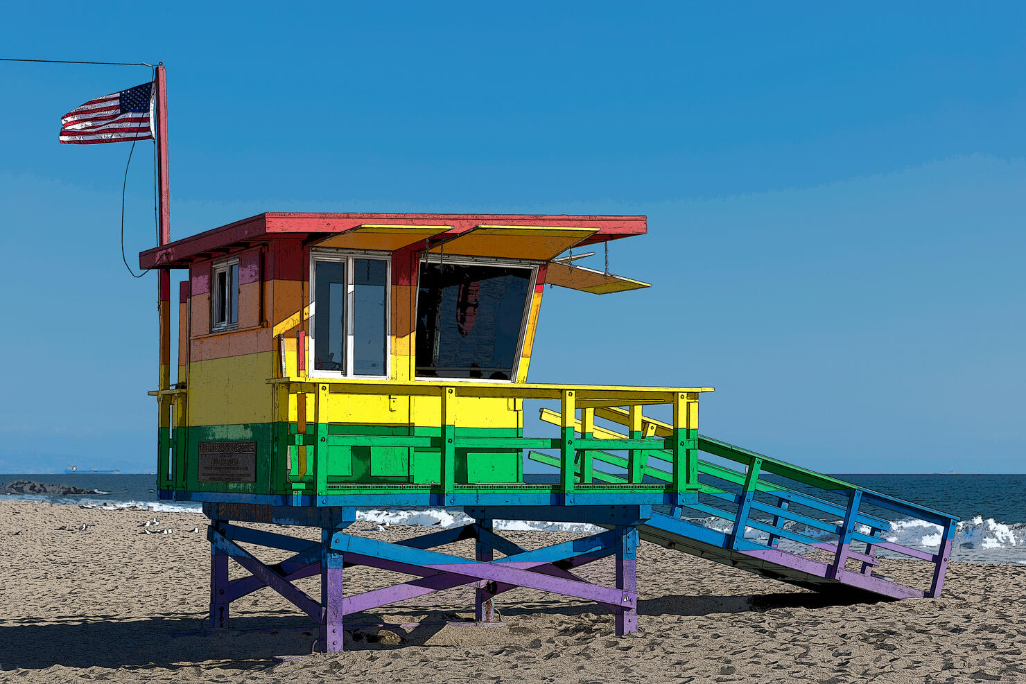 Venice Pride Flag Lifeguard Tower Hut on Venice Beach California near the Boardwalk