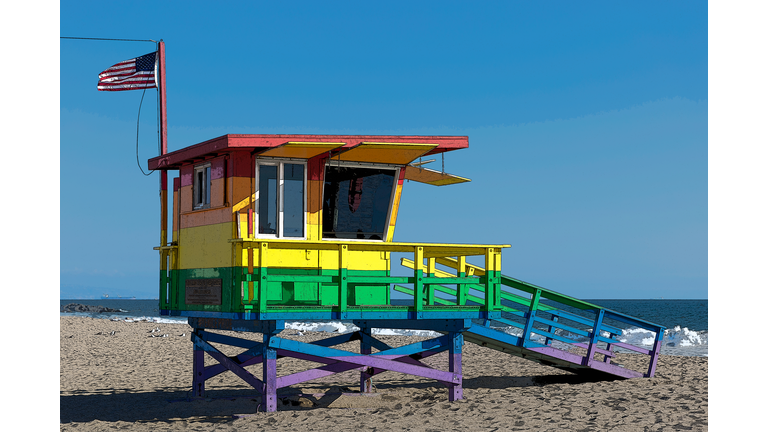 Venice Pride Flag Lifeguard Tower Hut on Venice Beach California near the Boardwalk