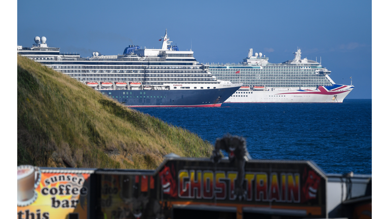 Cruise Ships Empty Due To The Coronavirus Pandemic Moor Off The South West UK Coast