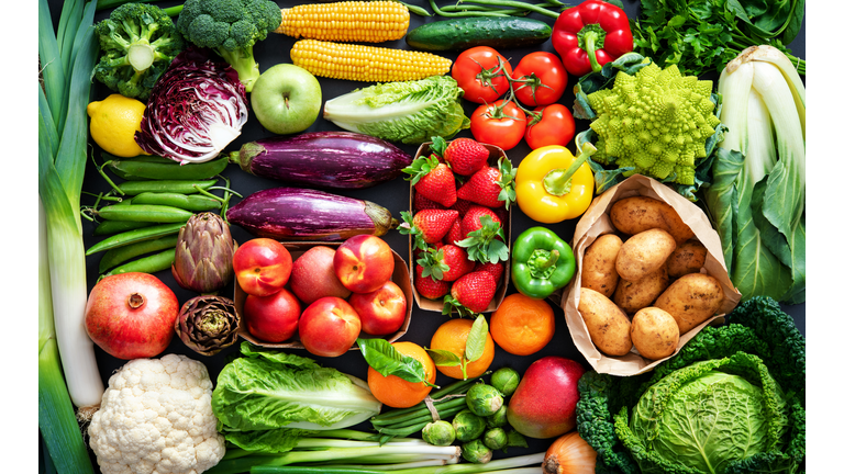 Food background with assortment of fresh organic fruits and vegetables