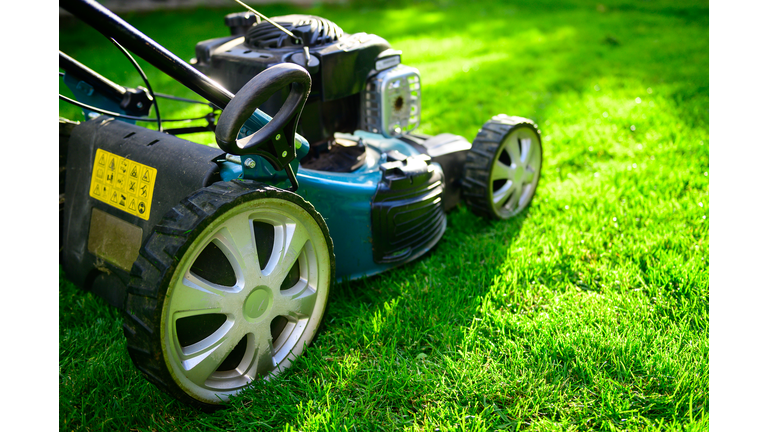 Lawn mower on green grass in a sunny day.