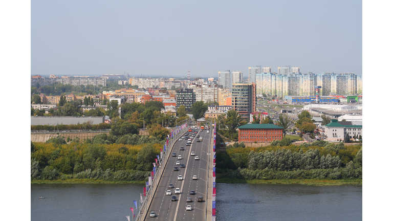 Panoramic View Of River And Buildings In City Against Clear Sky