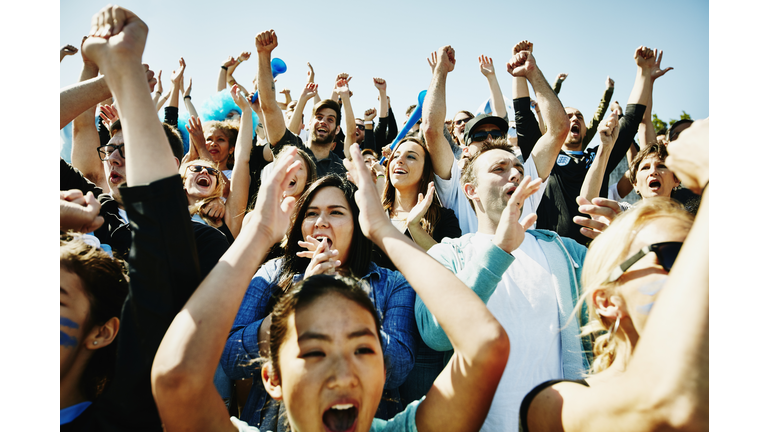 Cheering crowd of soccer fans in stadium