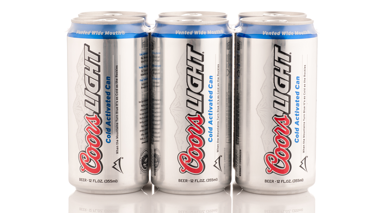 Six pack of Coors Light beer cans, 12 oz size